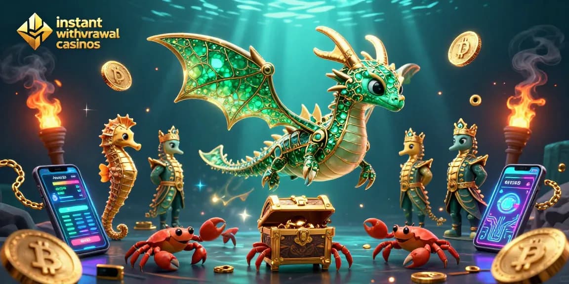 Experience thrilling instant withdrawal casinos with a vibrant sea dragon and crypto elements.