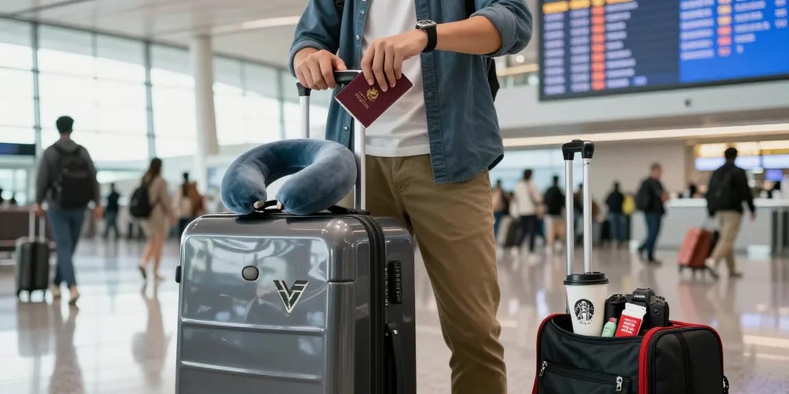 Traveler checking time next to stylish branded luggage, embodying modern travel vibes.