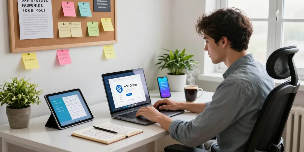 Dynamic home office scene featuring a professional downloading WPS Download on a laptop with tech devices and a vibrant workspace.