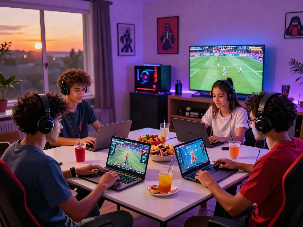 Friends enjoying gaming night on https://ku88v1.com/ with snacks and vibrant decor.