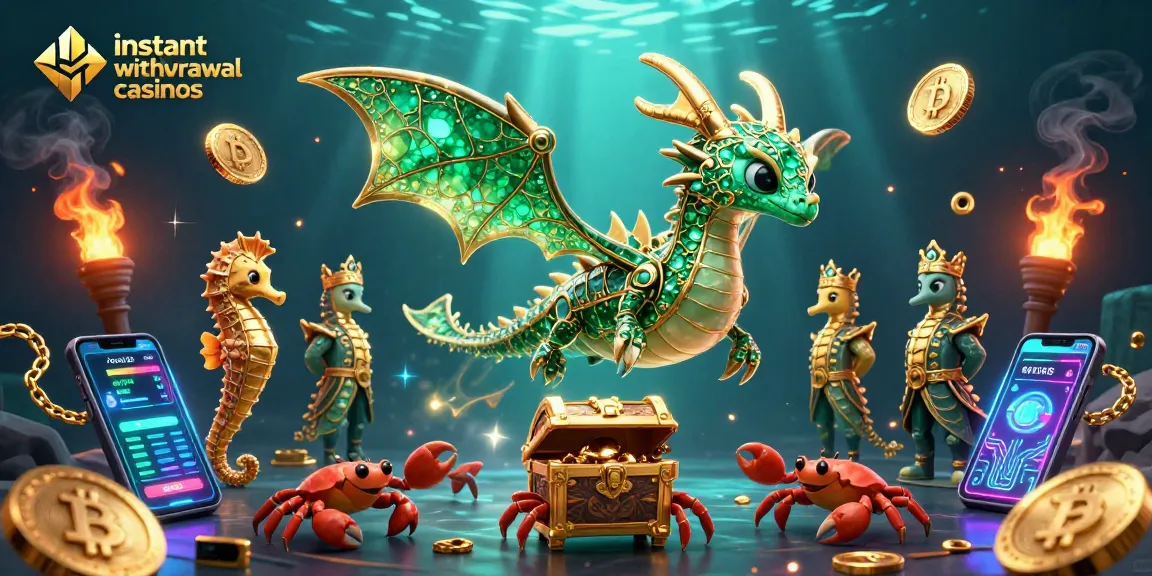 Experience thrilling instant withdrawal casinos with a vibrant sea dragon and crypto elements.