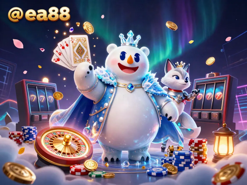 @ea88 presents a vibrant 3D casino scene featuring an ice king and snow fox, surrounded by sparkling jewels and casino elements.