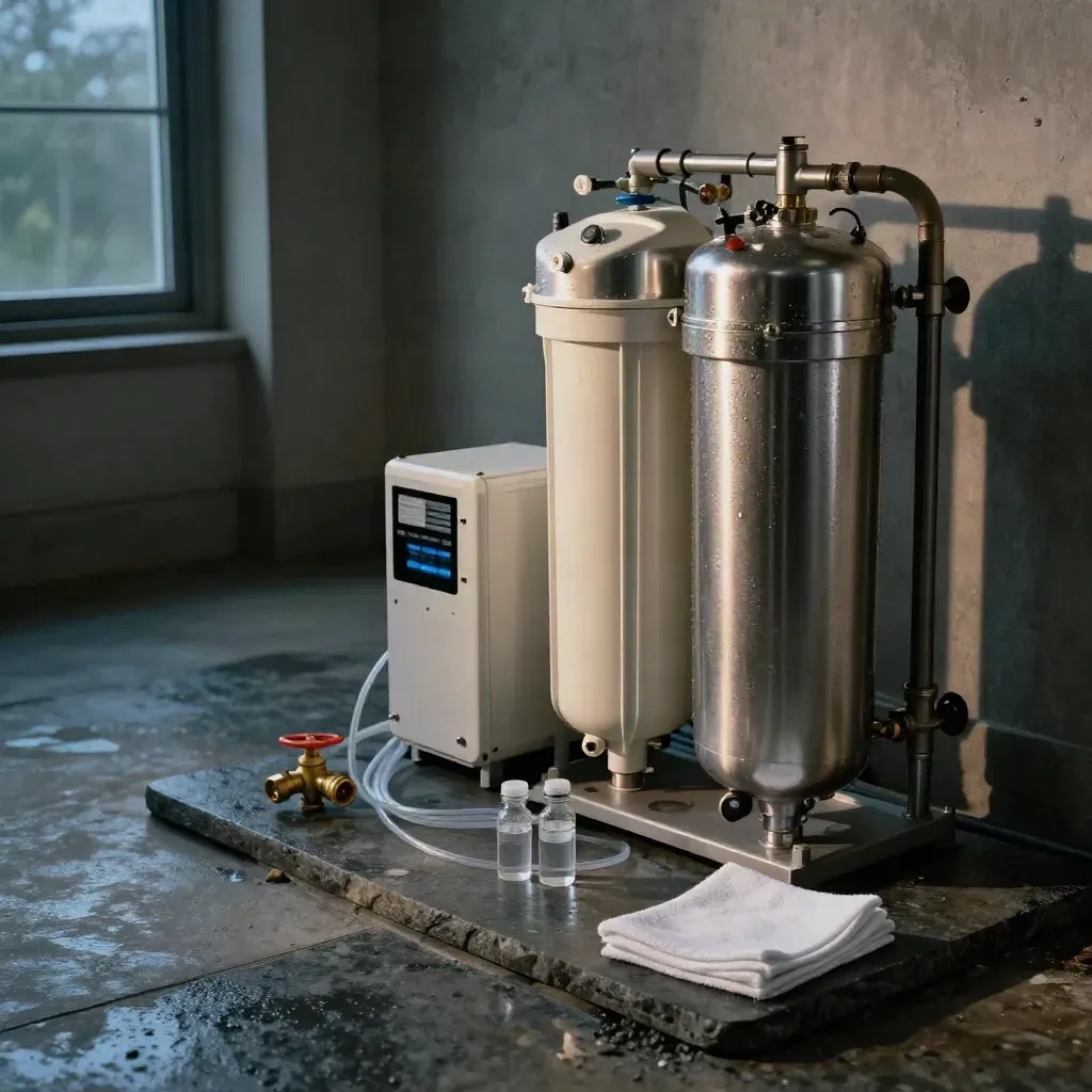 Whole-home water treatment system with stainless filters, RO unit, UV chamber, and brass valves.