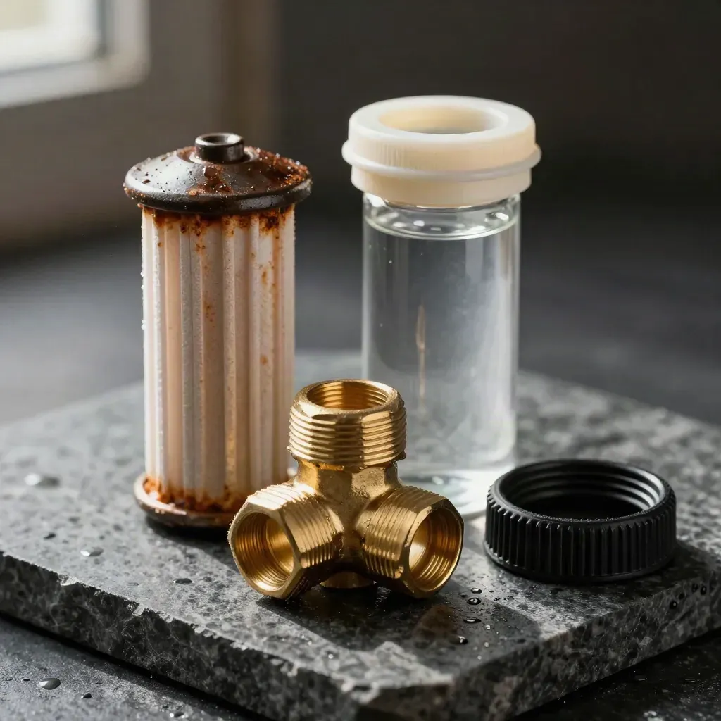 Macro still life of well-water filter parts, brass fittings and a sample vial on dark stone