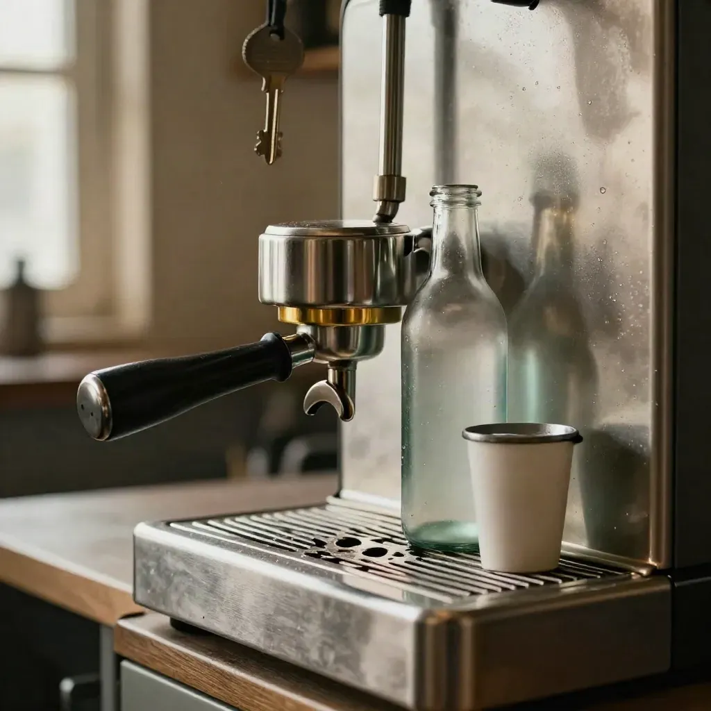 Espresso portafilter, shower screen, glass bottle and filter cartridge on brushed metal