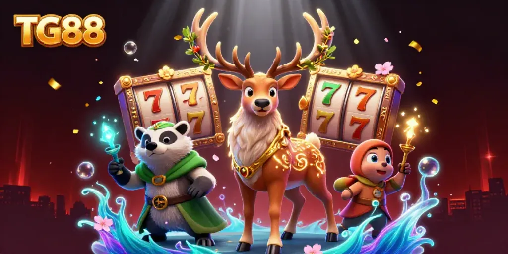 Experience thrilling slots fun with TG88 in a vivid 3D rendering showing a Celtic stag and lucky symbols.