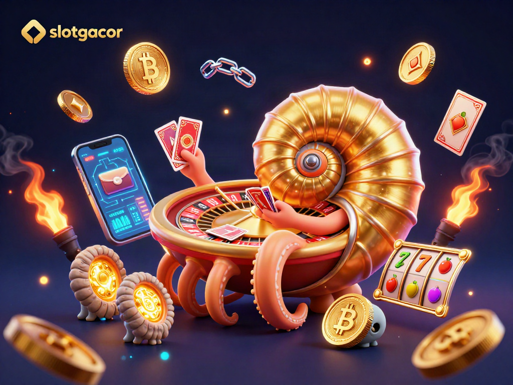 Engage in slotgacor gaming with a vibrant scene of a nautilus roulette wheel and crypto elements.