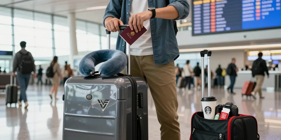 Traveler checking time next to stylish branded luggage, embodying modern travel vibes.